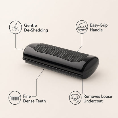 A black pet grooming brush with fine teeth, shown on a light beige background with callout icons and text highlighting features: gentle de-shedding, easy-grip handle, fine dense teeth, and removal of loose undercoat.